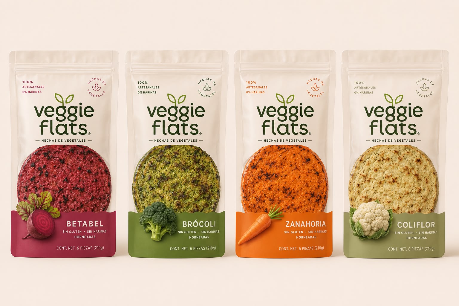Veggie Flats — Betabel, Brócoli, Zanahoria y Coliflor